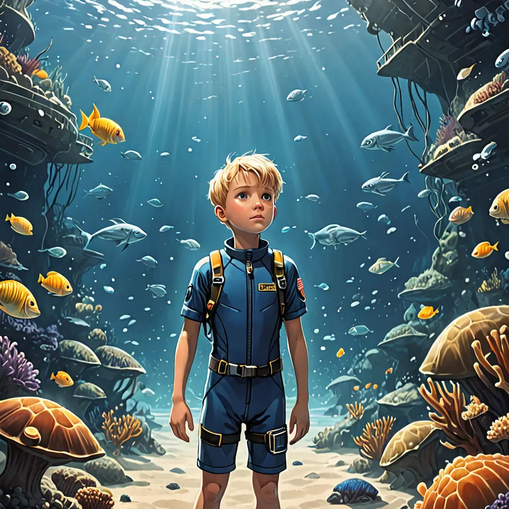 a boy in a diving suit standing in front of a underwater scene with fish and corals on the bottom of the water, photorealism, a storybook illustration, Chris LaBrooy, rossdraws global illumination