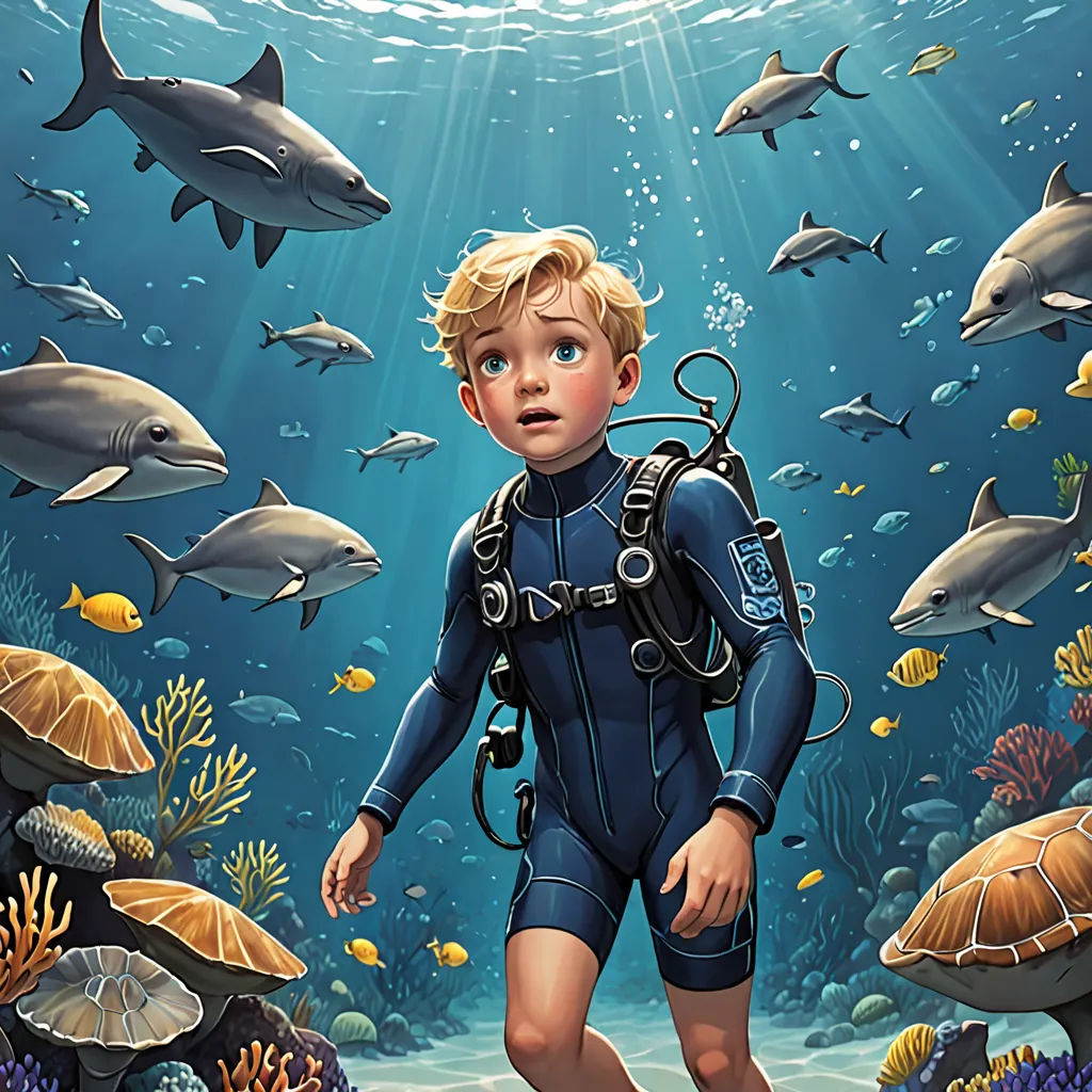 a boy in a diving suit is surrounded by sharks and other marine life, with a scuba suit on, fantasy art, a storybook illustration, Cliff Childs, kinkade