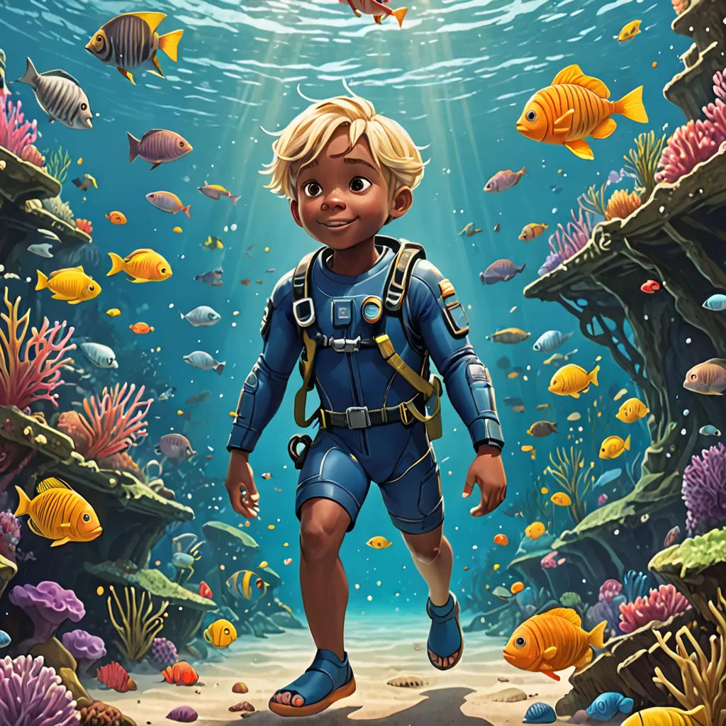 a boy in a diving suit is standing in the water with a fish in his hand and a fish in his mouth, photorealism, poster art, Cliff Childs, promotional image