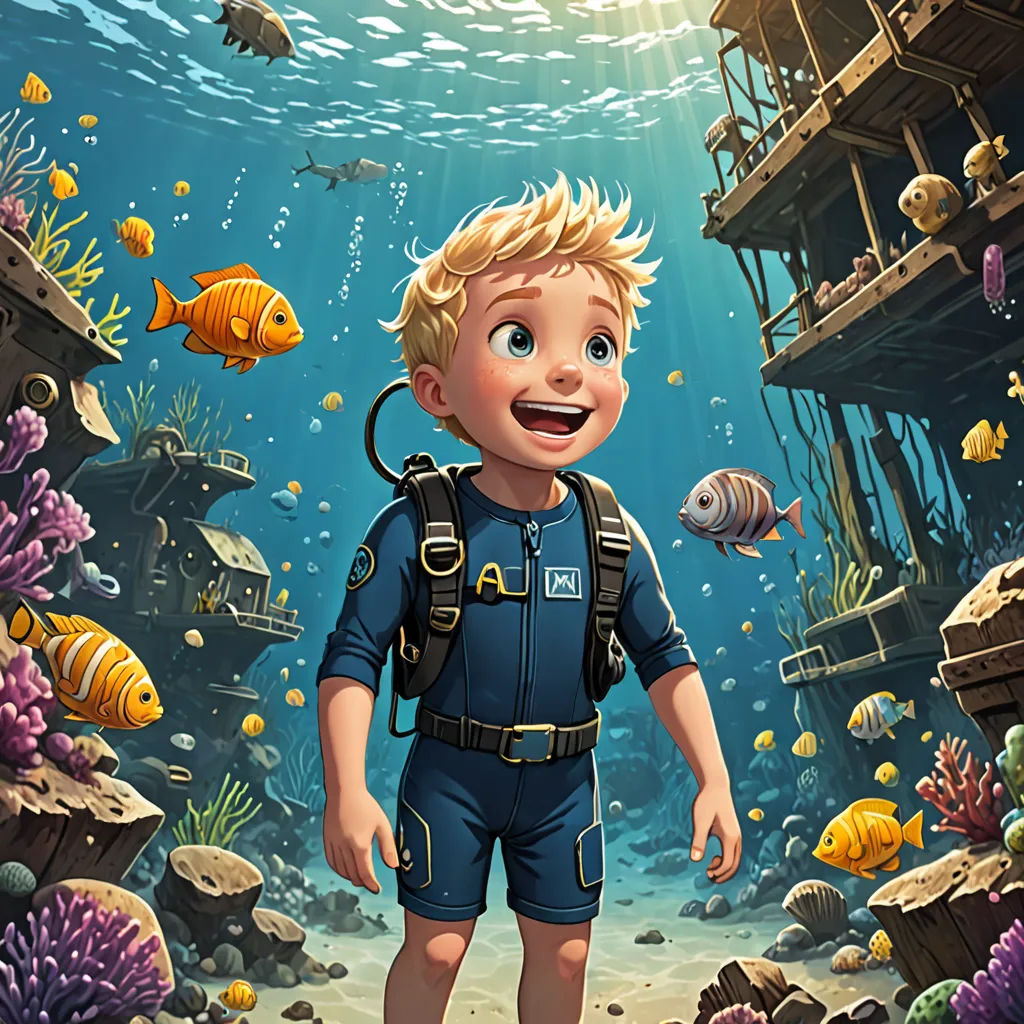 a boy in a diving suit standing in front of a coral reef with fish and a life guard tower, fantasy art, a storybook illustration, Cliff Childs, highly detailed digital painting