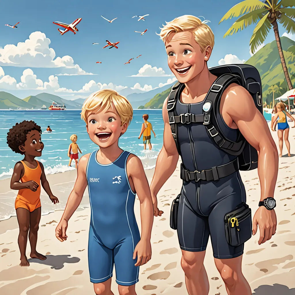 a man and a boy are standing on the beach with a life jacket on and a life vest on, sots art, a storybook illustration, F Scott Hess, promotional image