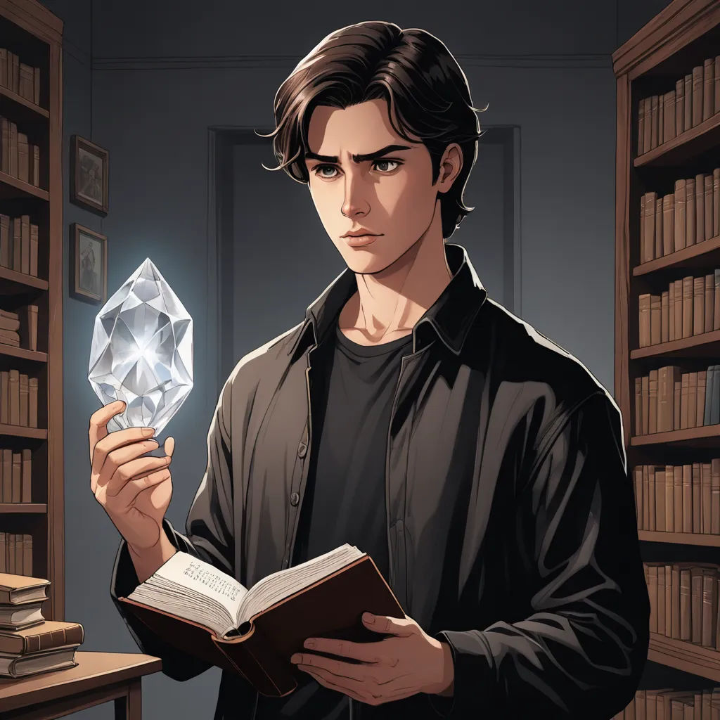 a man holding a crystal ball in his hand in front of a bookcase with books on it and a book in his hand, crystal cubism, a character portrait, Cedric Seaut (Keos Masons), character portrait