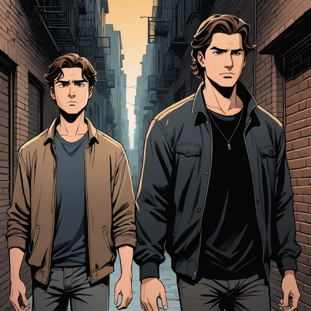 two men walking down a street in a city with tall buildings on either side of them, one of them is wearing a black shirt and the other is wearing a brown jacket, international gothic, a comic book panel, Brothers Hildebrandt, graphic novel