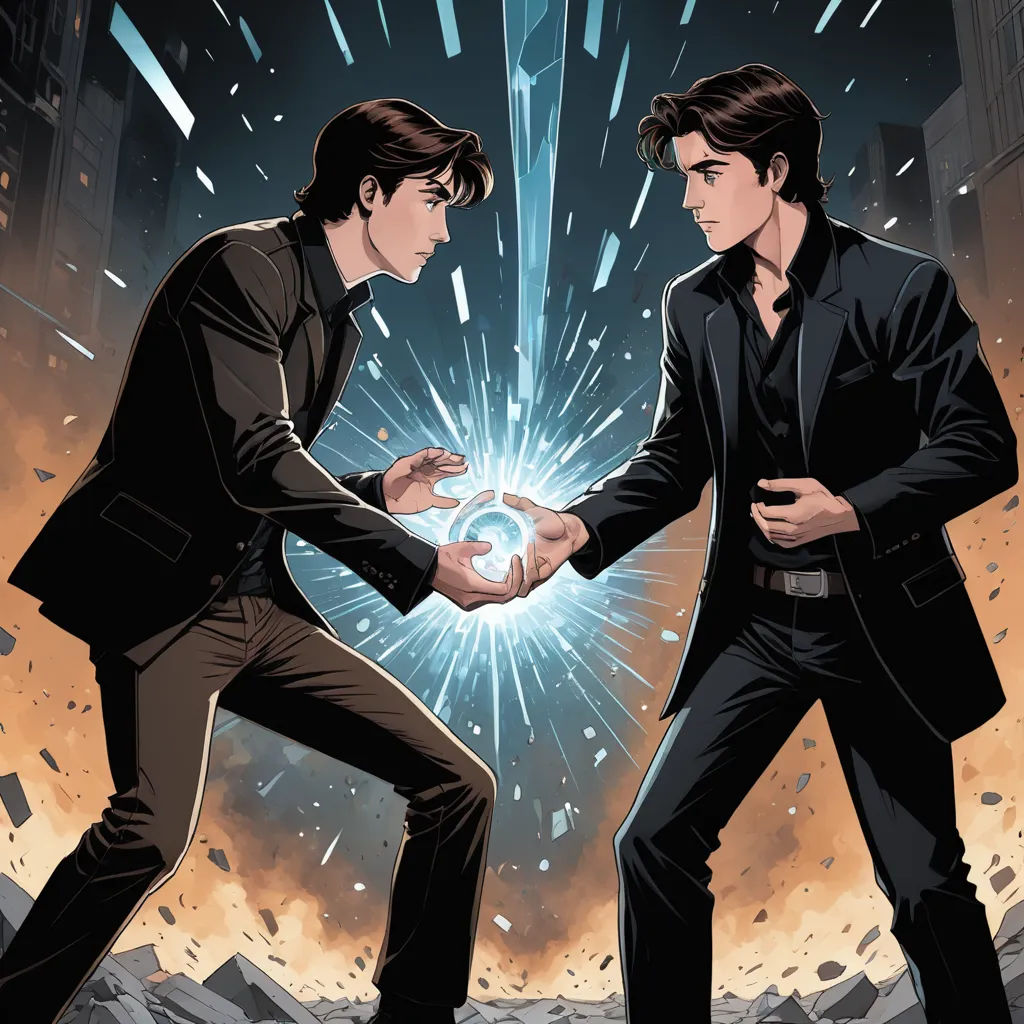 two men shaking hands in front of a exploding background with a blue light coming from behind them and a black and white background, neo-figurative, a comic book panel, Brothers Hildebrandt, comic cover art