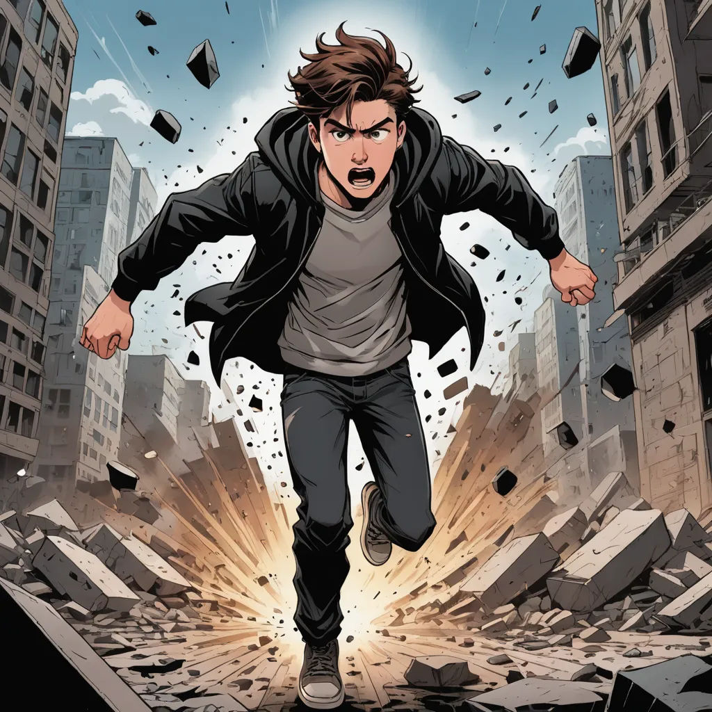 a man running through a city with a broken building in the background and a broken sky in the background, auto-destructive art, a comic book panel, Cedric Seaut (Keos Masons), comic cover art
