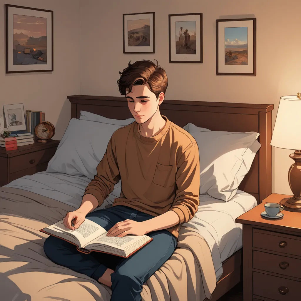 a boy sitting on a bed reading a book in a bedroom with a lamp on the nightstand and pictures on the wall, academic art, a storybook illustration, Atey Ghailan, rossdraws global illumination