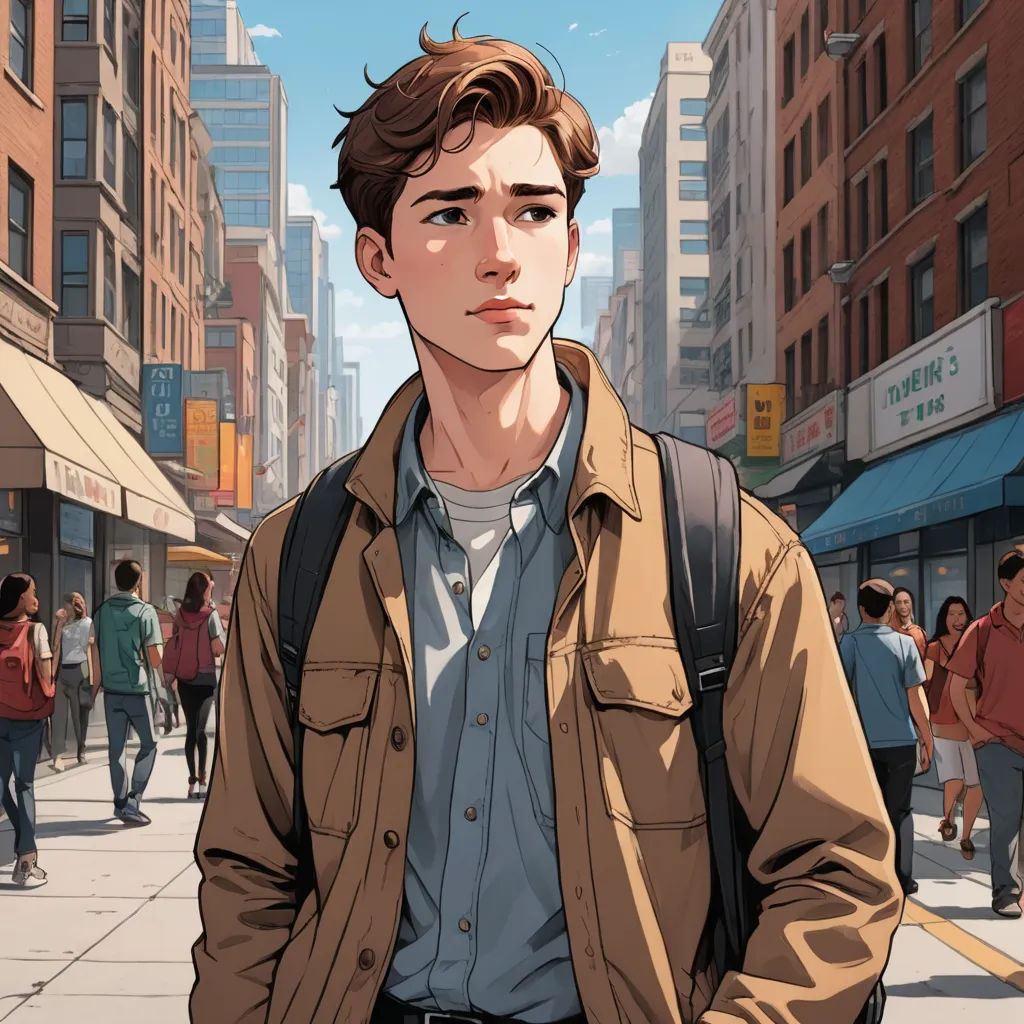 a man standing on a city street with a backpack on his back and people walking around him on the sidewalk, sots art, a comic book panel, David Park, graphic novel