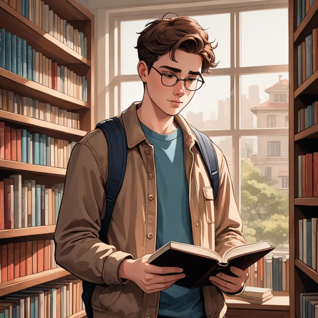 a man reading a book in a library with a window behind him and a bookcase full of books, academic art, a comic book panel, Cedric Seaut (Keos Masons), official art