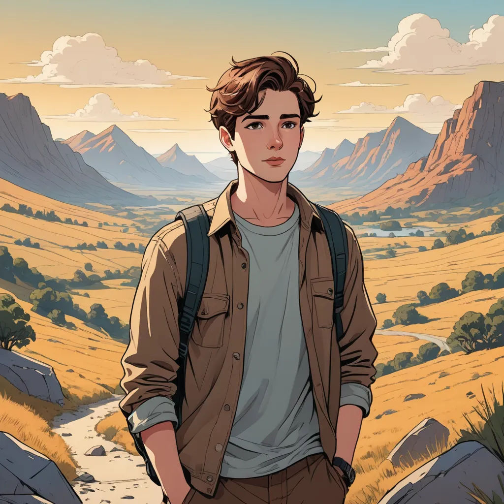 a man standing in a desert with mountains in the background and a sky with clouds in the background, with a man with a backpack on his back, serial art, a character portrait, Cedric Seaut (Keos Masons), comic cover art