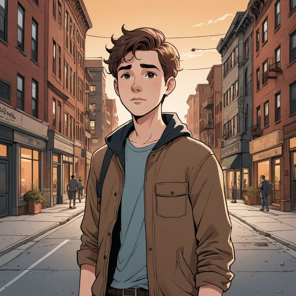 a man standing in the middle of a street with buildings in the background and a person walking down the street, sots art, a comic book panel, Cedric Seaut (Keos Masons), rossdraws global illumination