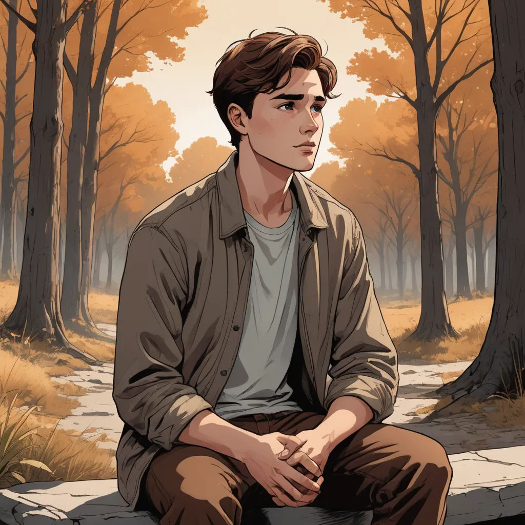 a man sitting on a bench in a park with trees in the background and a path leading to the woods, serial art, a character portrait, Cedric Seaut (Keos Masons), official art