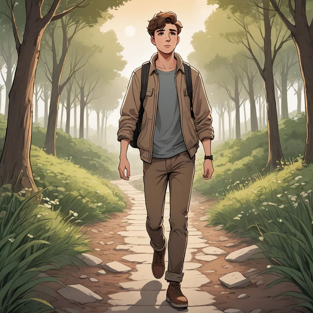 a man walking down a path in a forest with trees and grass on either side of him and a path leading to the woods, sots art, a character portrait, Cedric Seaut (Keos Masons), official art
