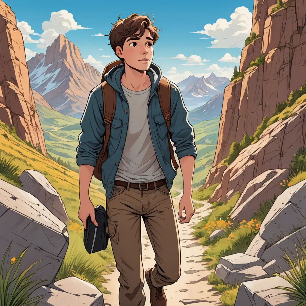 a man walking down a trail in the mountains with a backpack on his back and a backpack on his shoulder, serial art, a character portrait, Cedric Seaut (Keos Masons), rossdraws global illumination