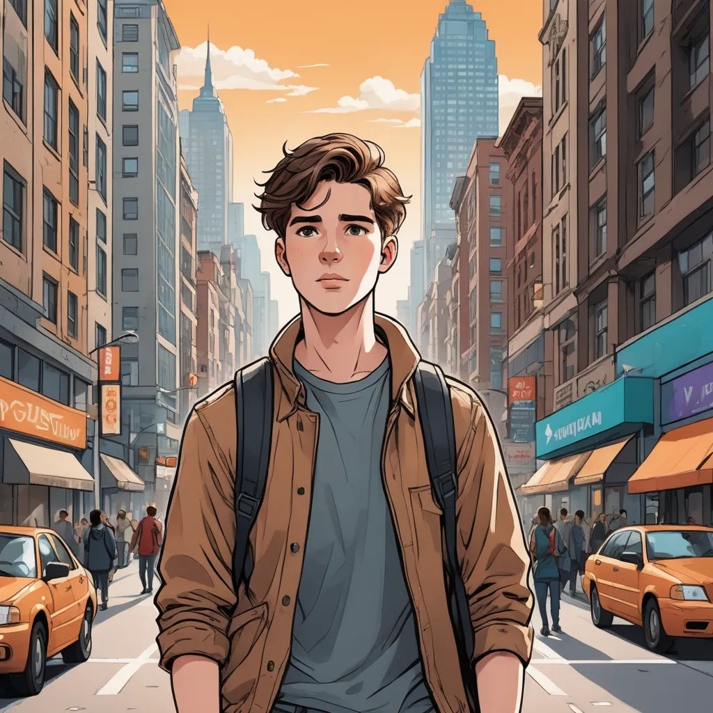 a man standing in the middle of a city street with a backpack on his back and a yellow taxi behind him, sots art, a comic book panel, David Park, graphic novel