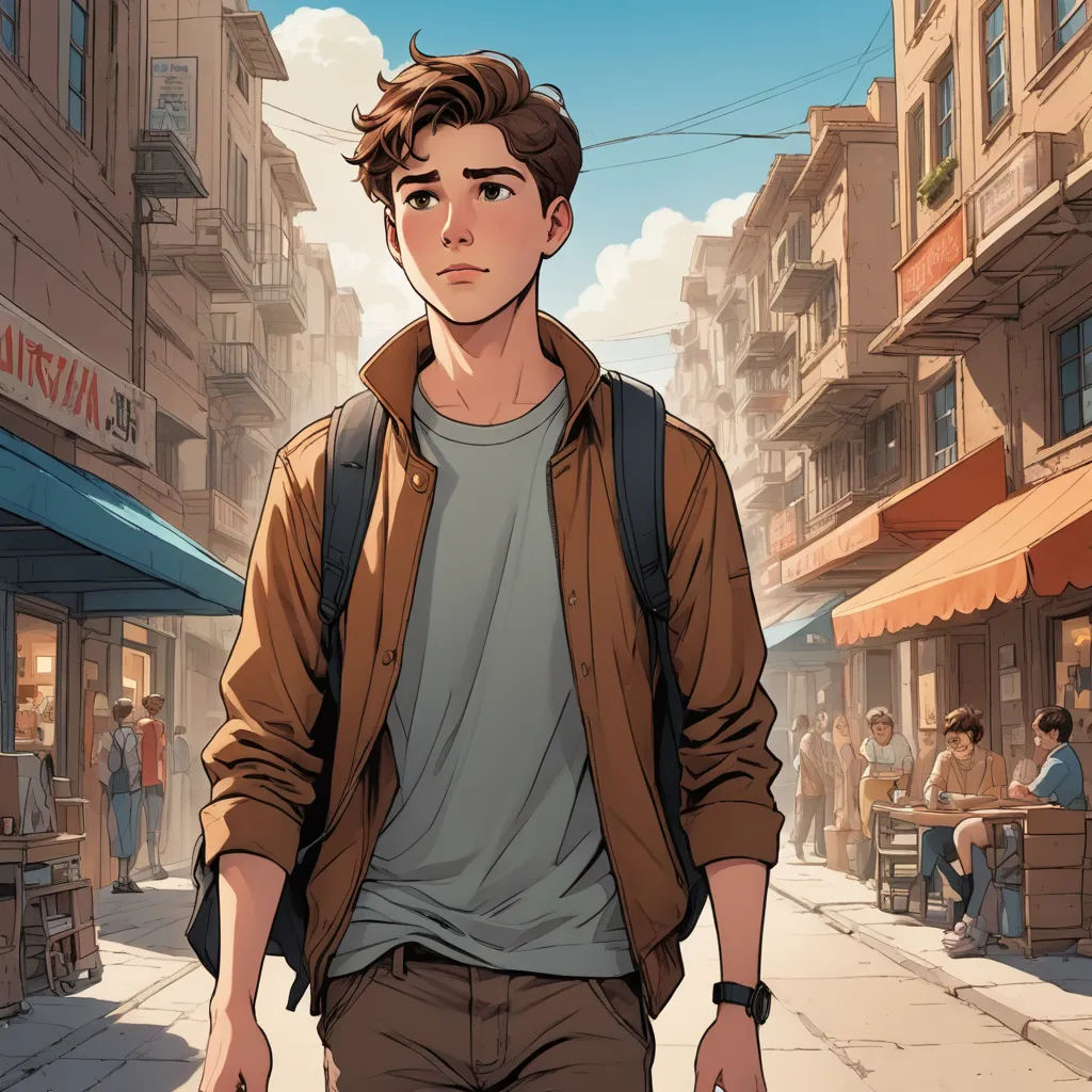 a man walking down a street next to a tall building with a clock on it's side walk, remodernism, a comic book panel, David Park, rossdraws global illumination