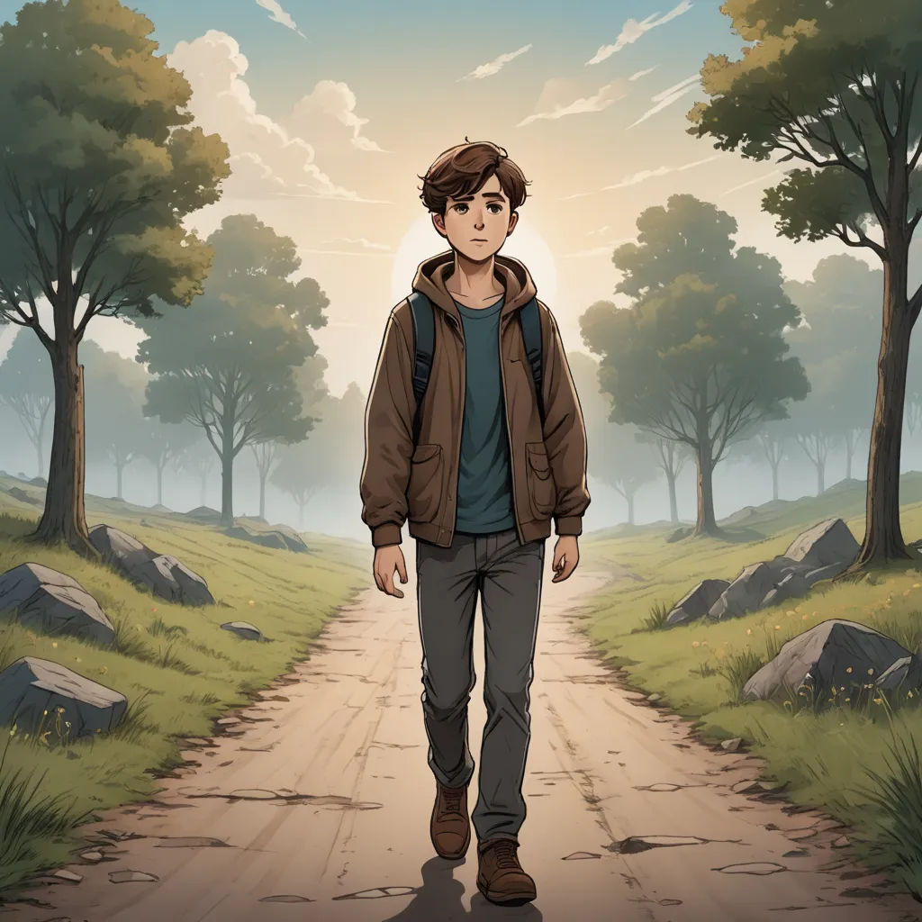 a man walking down a dirt road in a forest with trees and rocks on either side of him and a sky background, sots art, a character portrait, Cedric Seaut (Keos Masons), official art