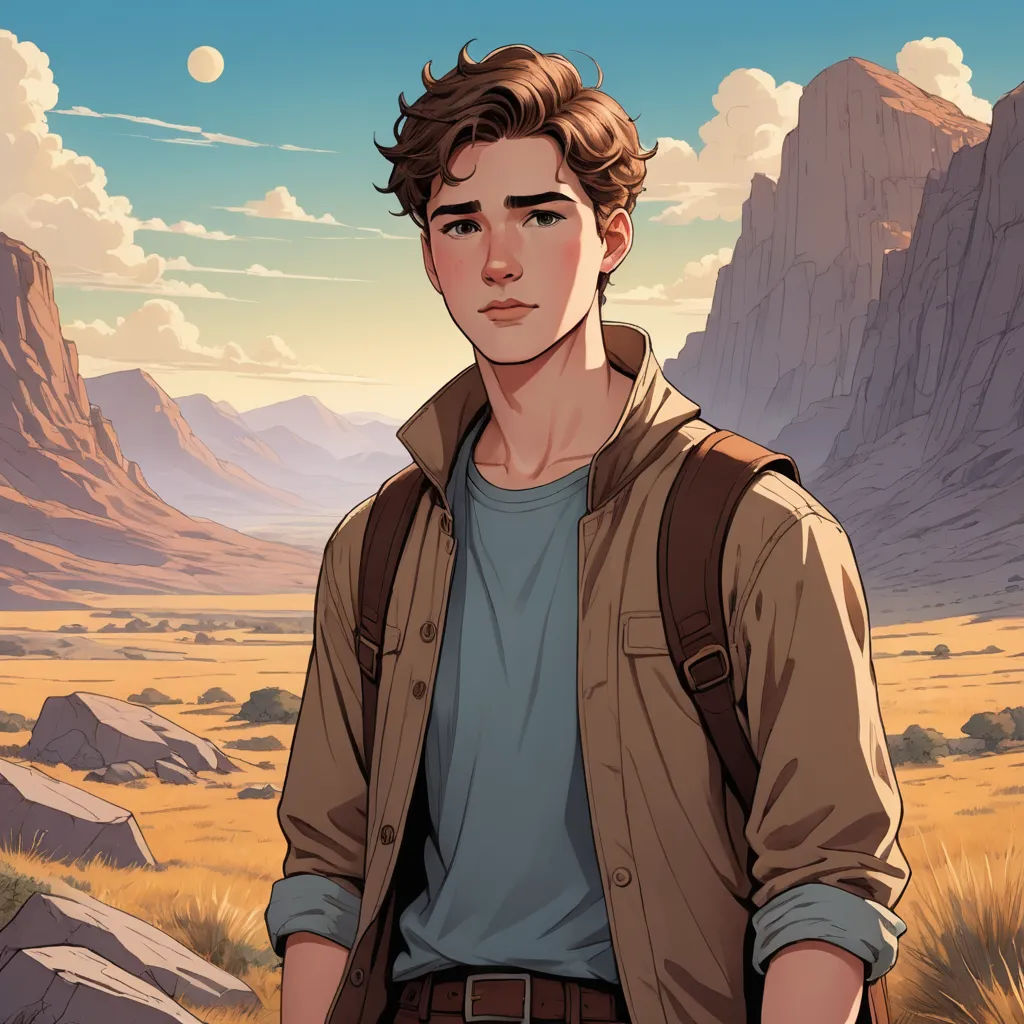 a man standing in a desert with a mountain in the background and a full moon in the sky above him, serial art, a character portrait, Cedric Seaut (Keos Masons), kinkade