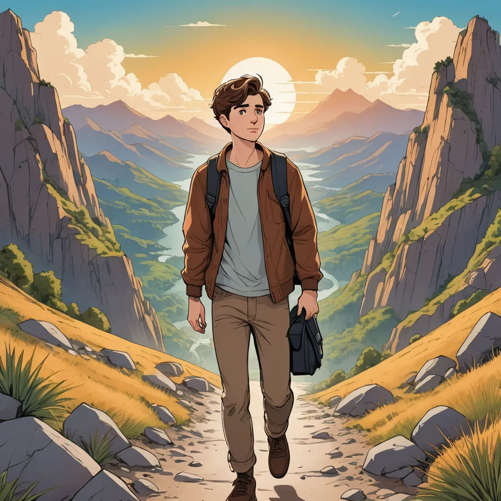 a man walking down a path in the mountains with a backpack on his back and a backpack on his shoulder, process art, poster art, Cedric Seaut (Keos Masons), rossdraws global illumination