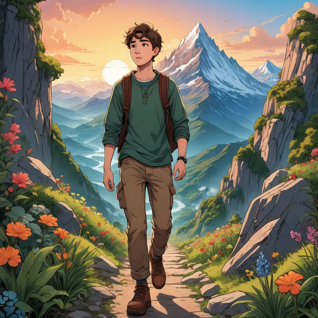 a man walking down a trail in the mountains with a backpack on his back and a mountain in the background, sots art, a character portrait, Cedric Seaut (Keos Masons), official art