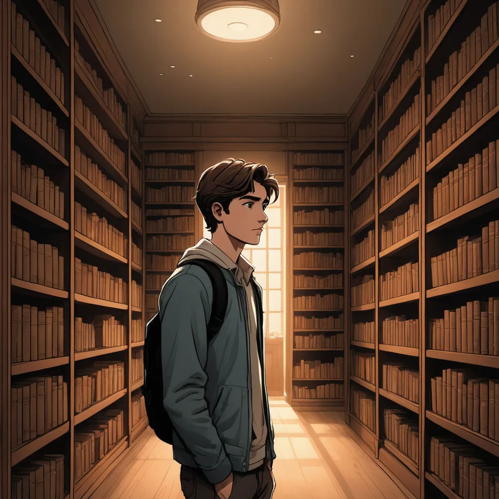 a man standing in a library with a backpack on his back and a book case full of books behind him, sots art, a comic book panel, Cedric Seaut (Keos Masons), official art