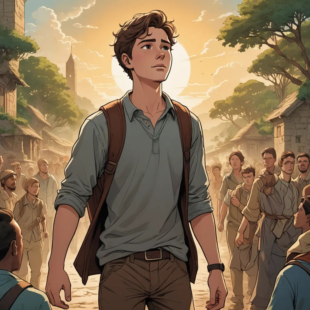 a man standing in front of a crowd of people in a village with a clock tower in the background, fantasy art, a character portrait, Cedric Seaut (Keos Masons), rossdraws global illumination