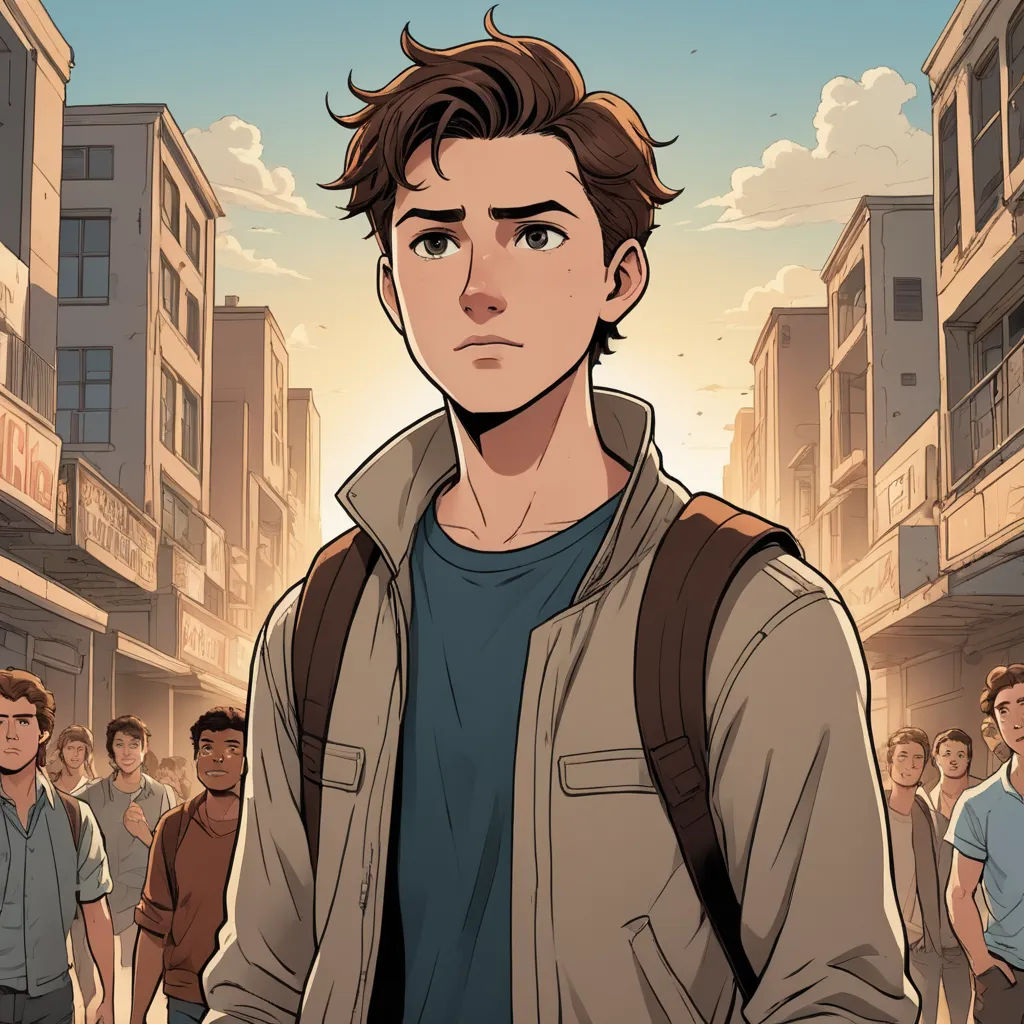 a man standing in front of a crowd of people in a city with buildings and a sky background with clouds, sots art, a comic book panel, Cedric Seaut (Keos Masons), rossdraws global illumination