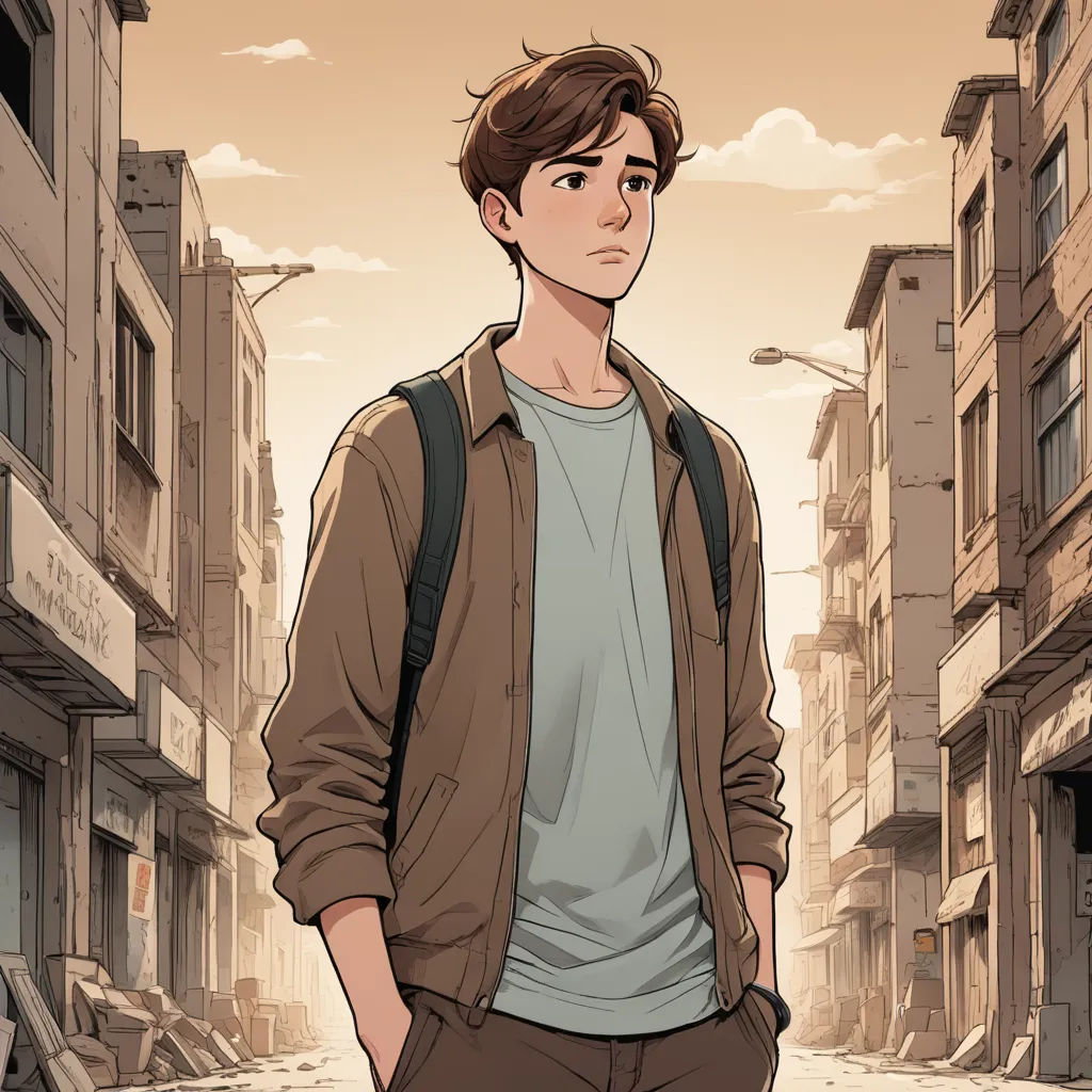 a man standing in a street with a backpack on his back and a cityscape in the background, serial art, a character portrait, Cedric Seaut (Keos Masons), rossdraws global illumination