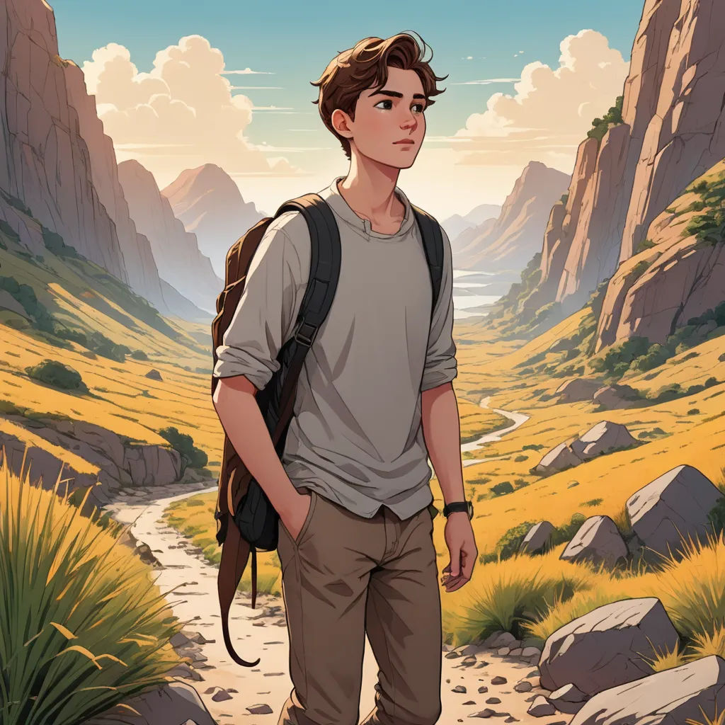 a man with a backpack standing on a path in a mountain valley with a river running through it and a valley in the background, serial art, a character portrait, Cedric Seaut (Keos Masons), rossdraws global illumination