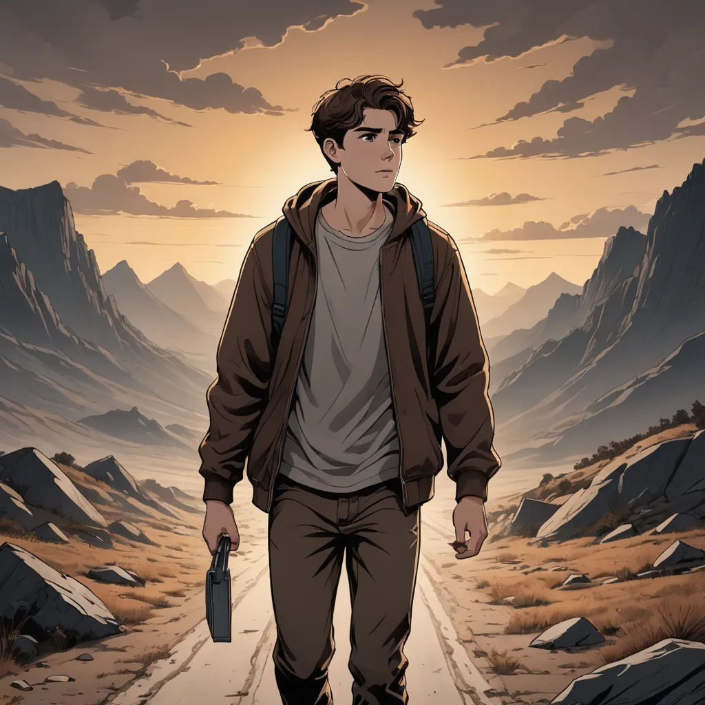 a man walking down a dirt road holding a gun in his hand and a backpack on his shoulder, with mountains in the background, serial art, poster art, Cedric Seaut (Keos Masons), comic cover art