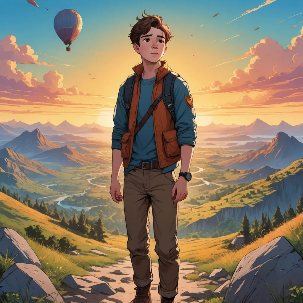 a boy standing on a path in the mountains with a hot air balloon in the sky above him and a hot air balloon in the distance, sots art, a character portrait, Cedric Seaut (Keos Masons), rossdraws global illumination
