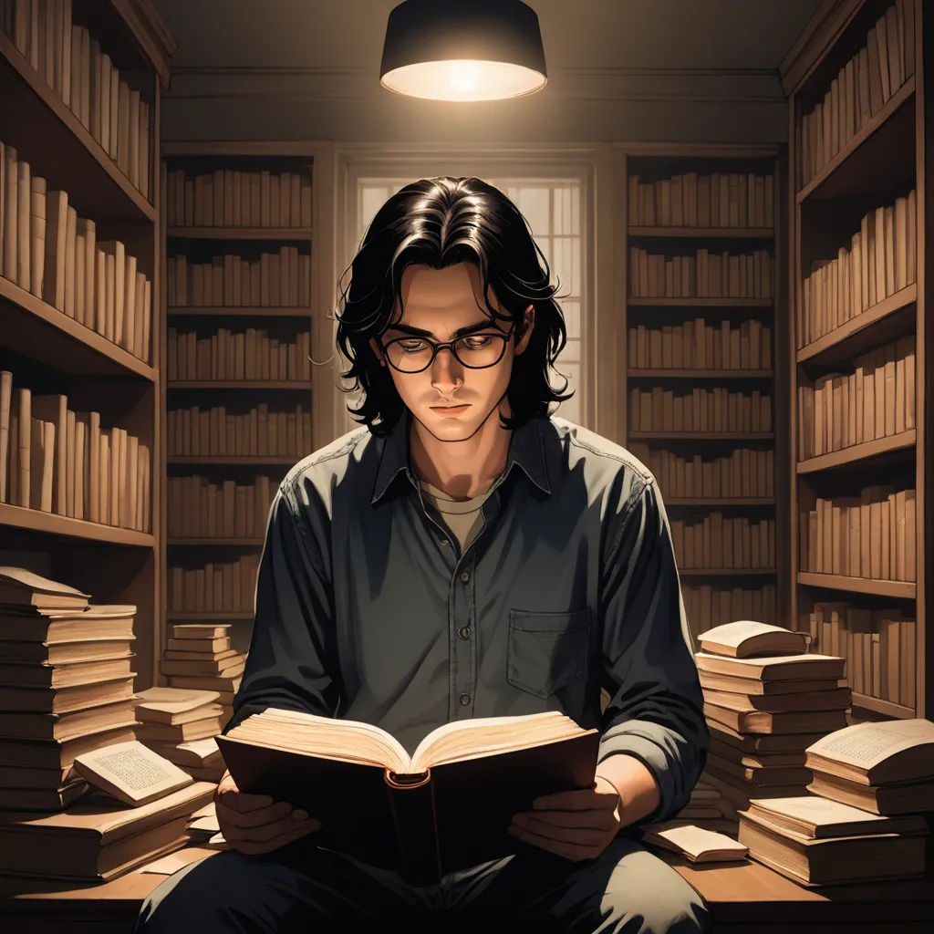 a man sitting in a library reading a book with stacks of books behind him and a light above him, academic art, a comic book panel, Colin Middleton, dan mumford. octane render