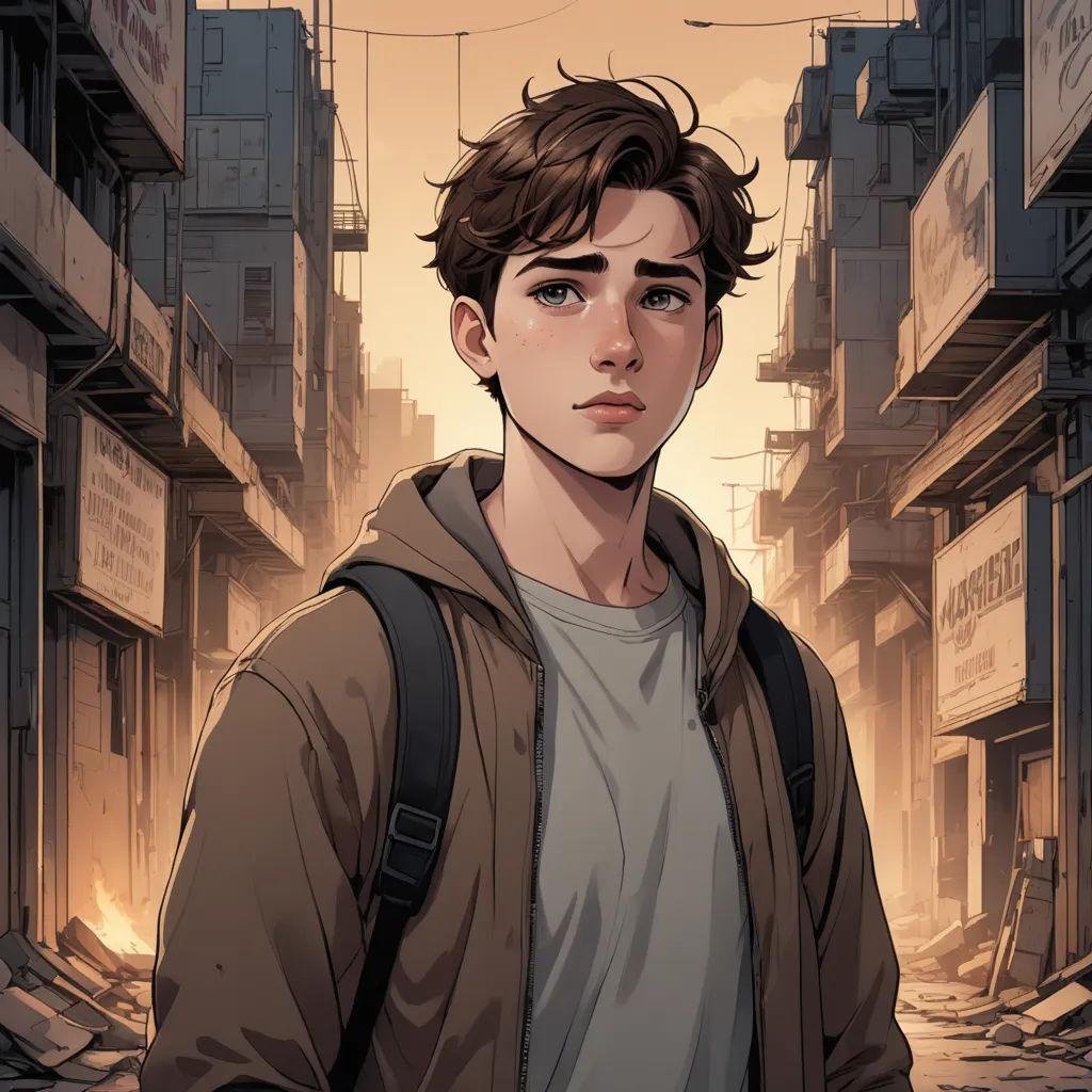 a boy in a brown jacket is standing in a street with a backpack on his shoulder and a cityscape in the background, sots art, a character portrait, Cedric Seaut (Keos Masons), kinkade