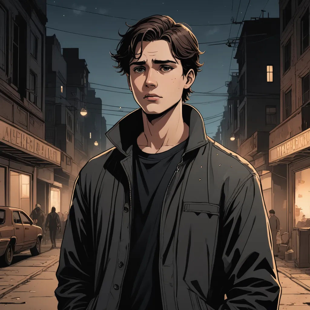 a man standing on a street next to a building at night with a car parked in front of him, serial art, a character portrait, Clark Voorhees, official art