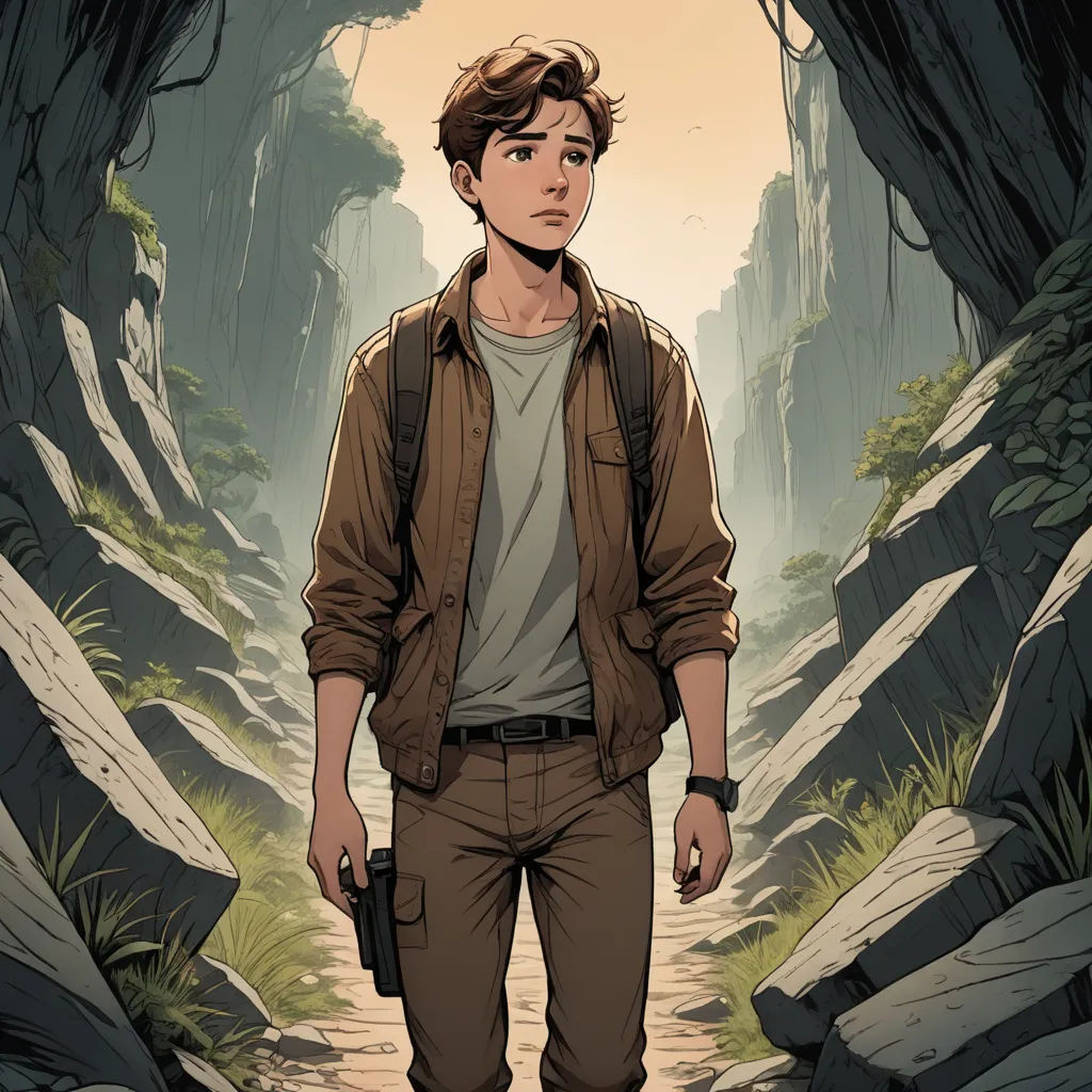 a man standing in a cave with a gun in his hand and a backpack on his shoulder, with a mountain in the background, process art, poster art, Asaf Hanuka, comic cover art