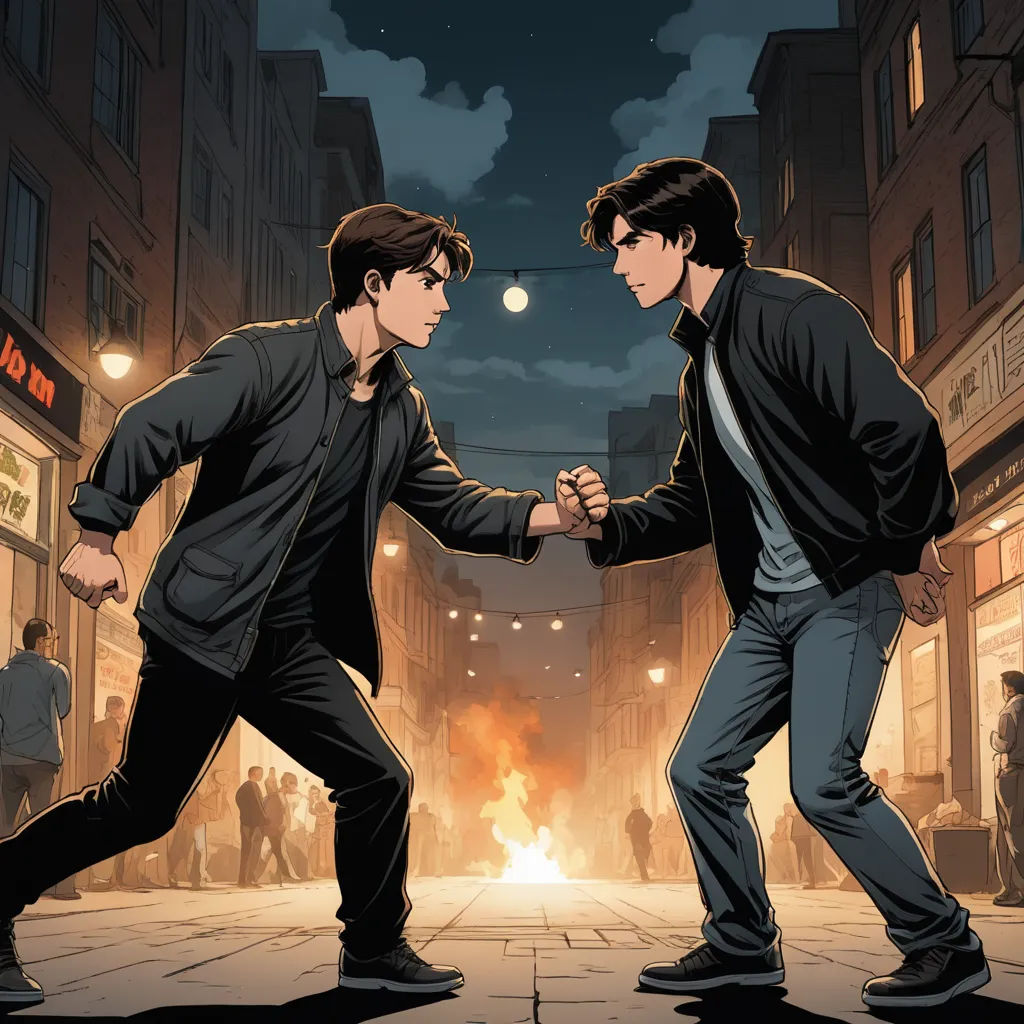 two men are fighting in a city street at night time, with a crowd of people in the background, ashcan school, a comic book panel, Brothers Hildebrandt, graphic novel