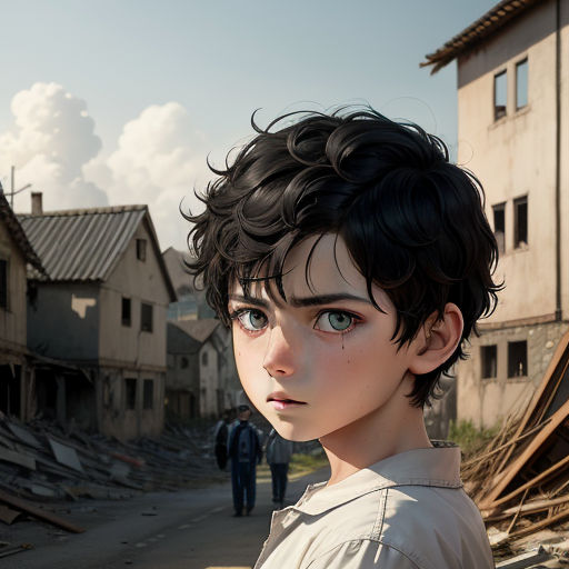 a boy with blue eyes standing in a street with a building in the background and a person walking by, hyperrealism, concept art, Cedric Peyravernay, yukito kishiro