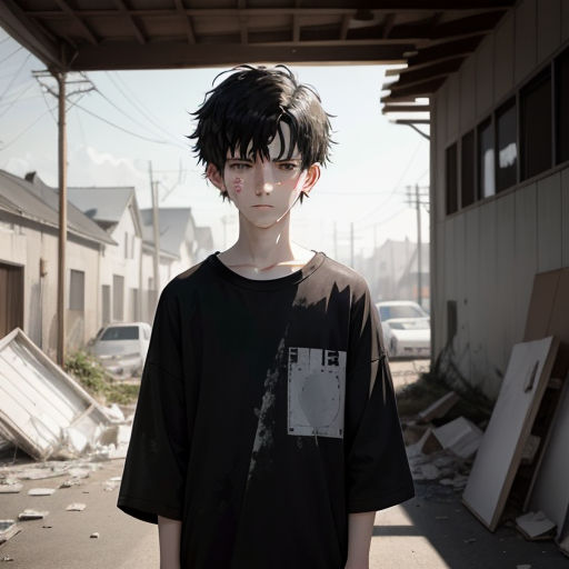 a boy standing in a street with a bunch of debris around him and a building in the background with a car parked in the street, hyperrealism, a photorealistic painting, Adam Manyoki, ultra realistic digital art
