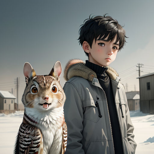 a boy standing next to a cat in the snow with a bird on his shoulder and a bird on his shoulder, photorealism, a character portrait, Cedric Peyravernay, yukito kishiro
