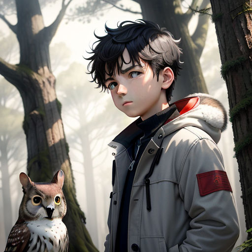 a boy in a jacket holding an owl in a forest with trees in the background and fog in the air, photorealism, a character portrait, Cedric Peyravernay, stanley artgerm lau