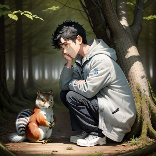 a man sitting next to a small squirrel in a forest with a forest background and a forest scene behind him, photorealism, a photorealistic painting, Cedric Seaut (Keos Masons), official art