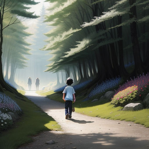 a painting of a person walking down a path in the woods with a person walking down the path in the distance, magical realism, a storybook illustration, Aaron Jasinski, ghibli