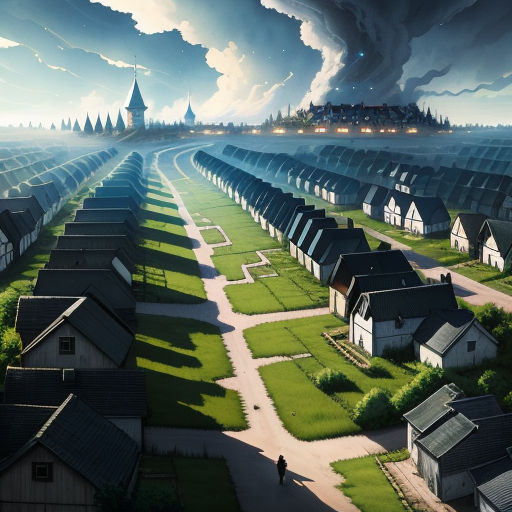 a painting of a city with a large tornado in the sky above it and a person walking on a path, magical realism, a detailed matte painting, Chris LaBrooy, matte painting