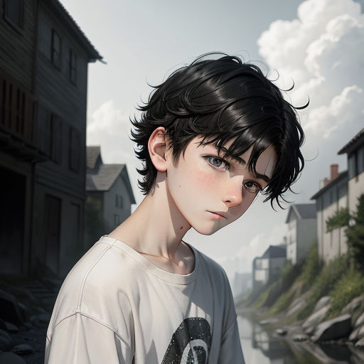 a boy with a short black hair and a white shirt is standing in front of a river and houses, photorealism, a photorealistic painting, Artgerm, stanley artgerm lau