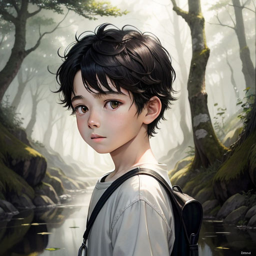 a boy with a backpack standing in a forest looking at the camera with a river running through it and trees in the background, photorealism, a photorealistic painting, Artgerm, stanley artgerm lau