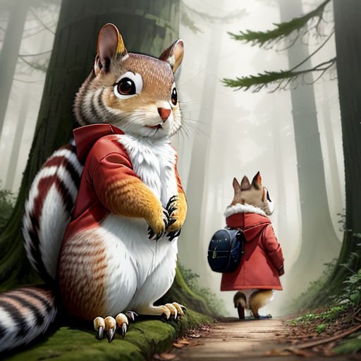 a squirrel and a squirrelling are walking in the woods together, with a squirrel in the foreground, furry art, a storybook illustration, Chris LaBrooy, official art