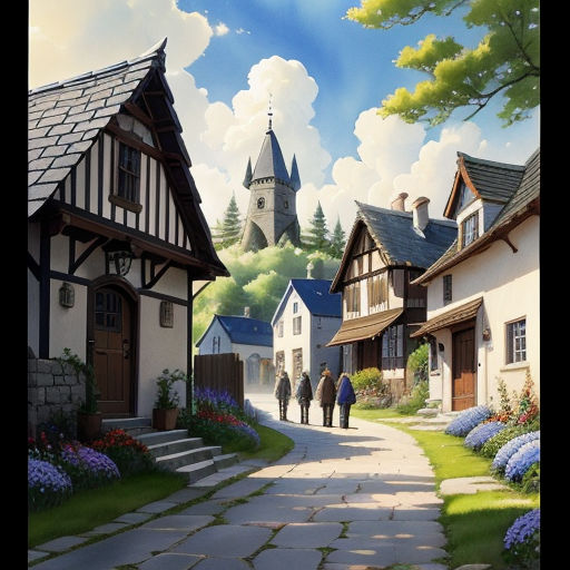 a painting of a village with a church and people walking down the street in front of it and a castle in the background, american scene painting, a detailed matte painting, Christophe Vacher, kinkade