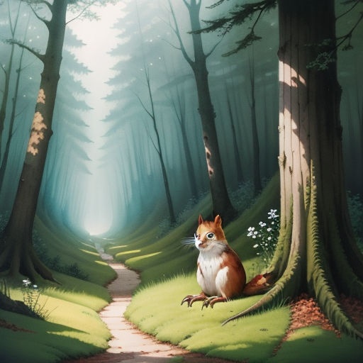 a painting of a fox sitting in a forest with a path leading to it's right side and trees on either side, fantasy art, a storybook illustration, Chris LaBrooy, forest