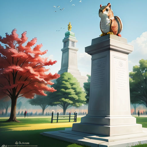 a squirrel statue sitting on top of a white monument in a park with trees and a bird flying overhead, american scene painting, a statue, Chris LaBrooy, rossdraws global illumination