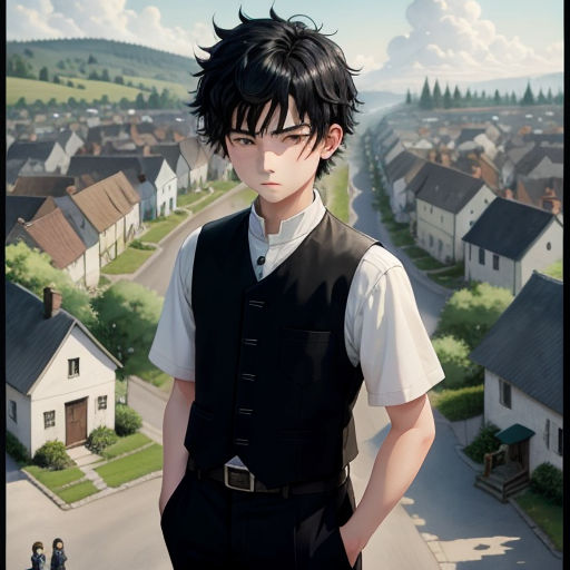 a man standing in front of a village with houses and a sky background with clouds and houses in the distance, photorealism, a detailed matte painting, Cedric Seaut (Keos Masons), cushart krenz