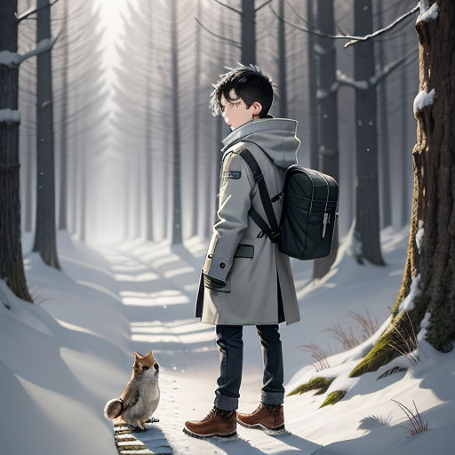 a man standing in the snow with a backpack and a dog sitting on the ground in front of him, fantasy art, a storybook illustration, Atey Ghailan, anime key visual